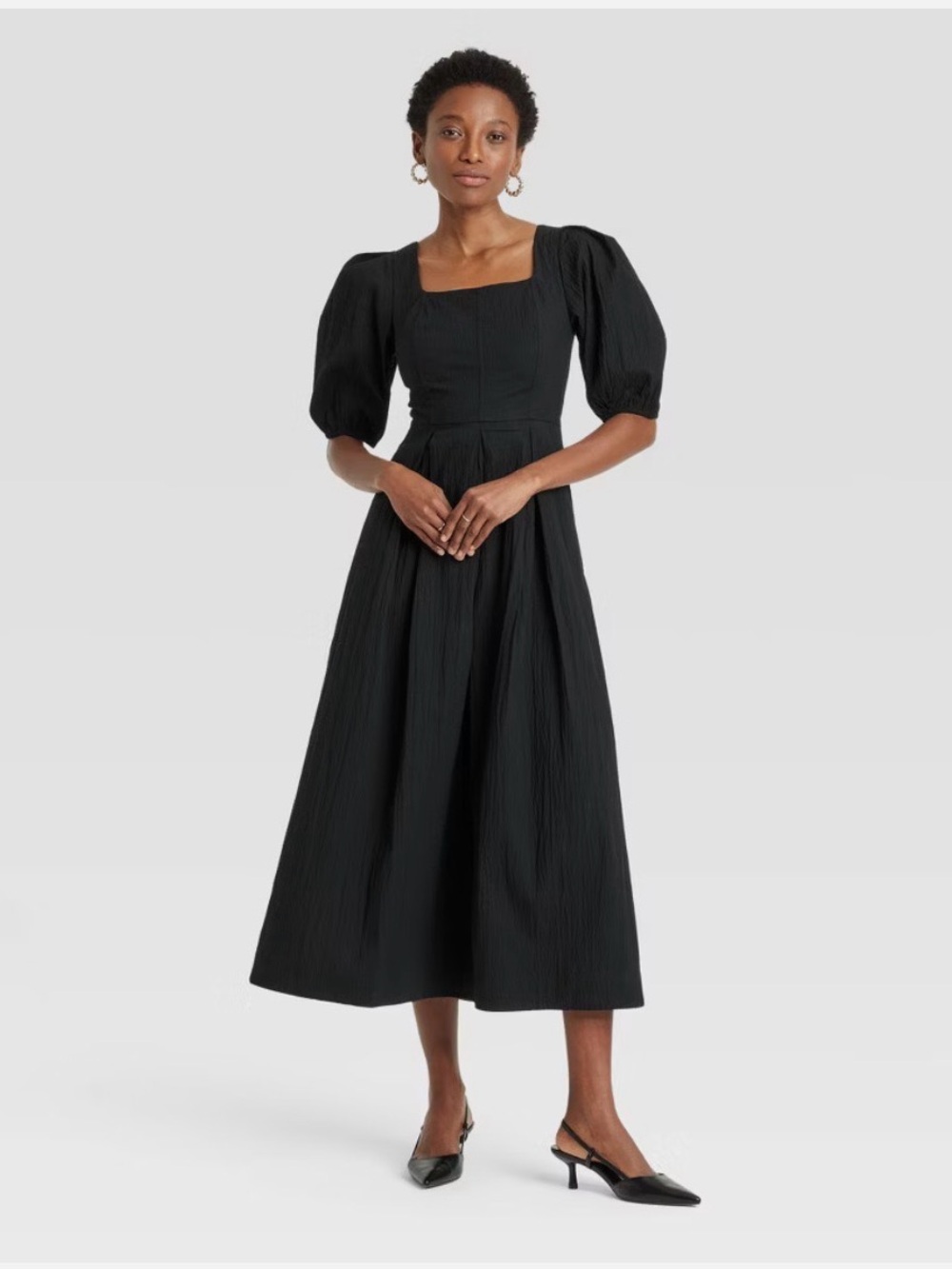 a new day Black Square-Neck Puff-Sleeve Midi Dress